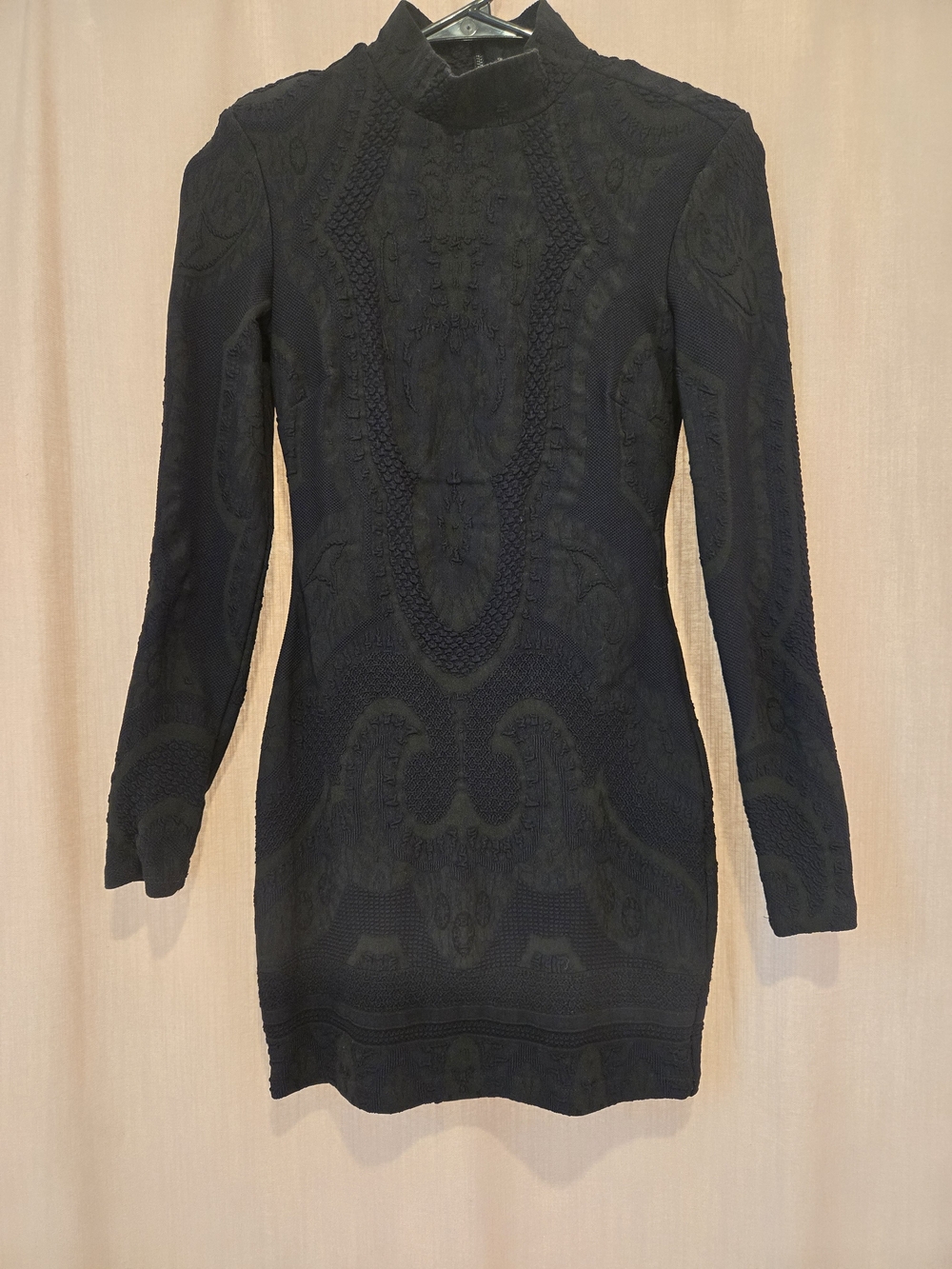 bebe Black Textured Long-Sleeve High Neck Bodycon Dress